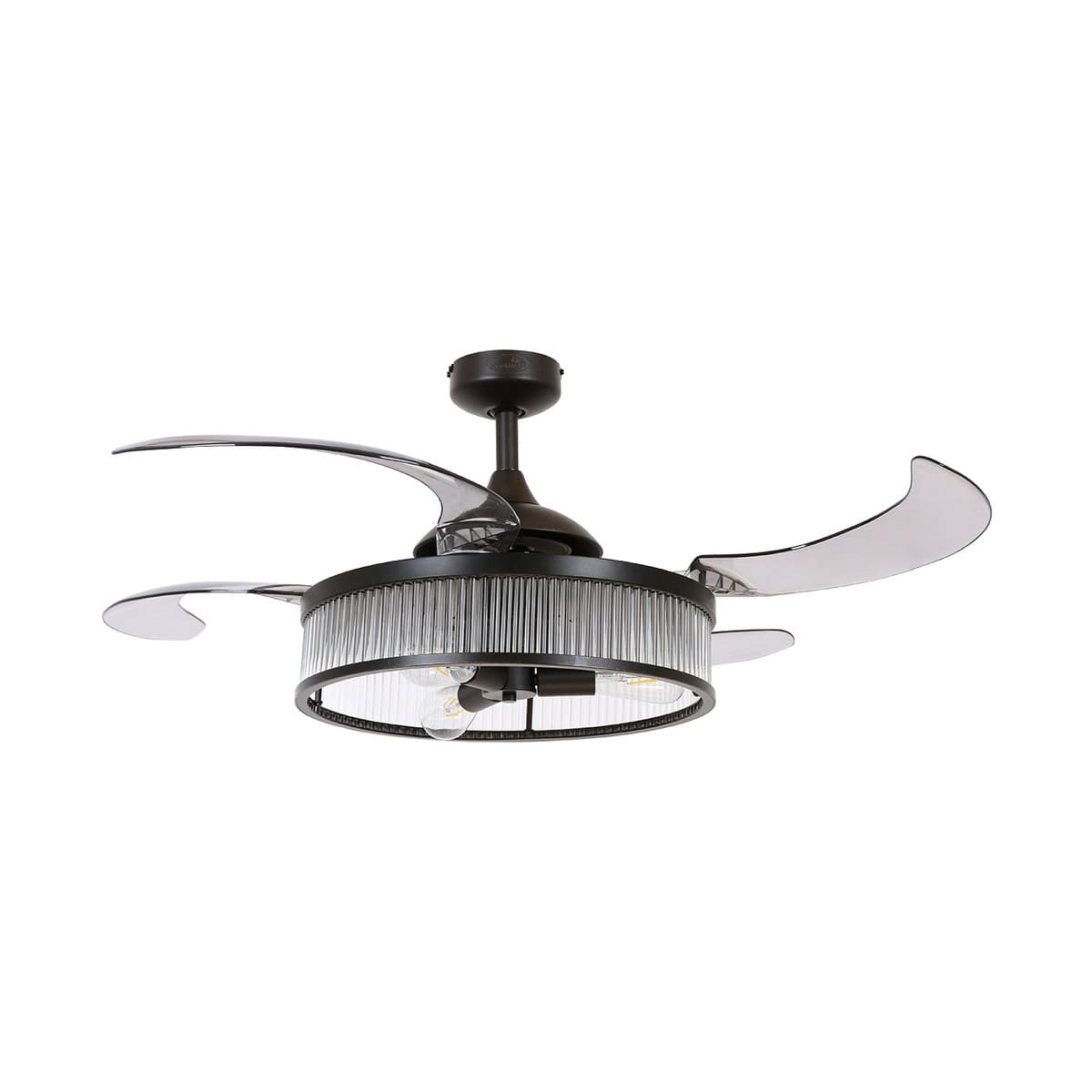 Fanaway Corbelle Ceiling Fan In Black With Smoke Coloured Retractable Blades With Light