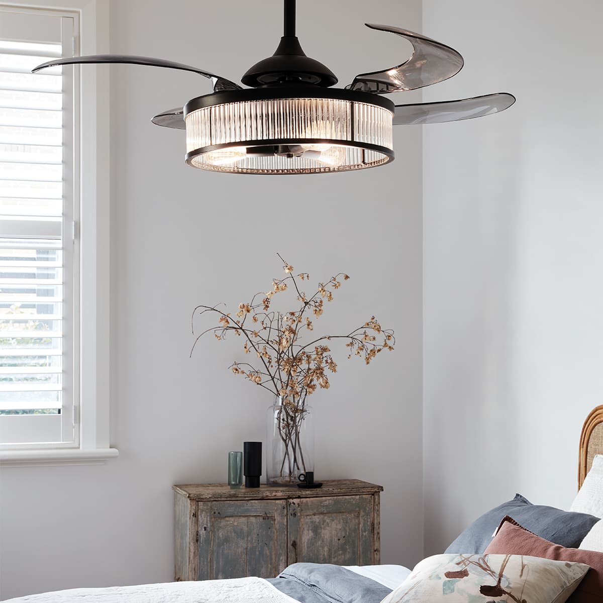 Fanaway Corbelle Ceiling Fan In Black With Smoke Coloured Retractable Blades With Light